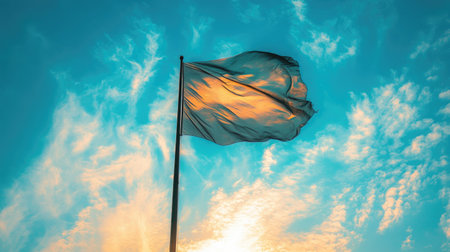 A flag flying high on a pole with a vivid blue sky behind it, surrounded by wispy clouds and the sun casting a soft glow on the fabric.の素材