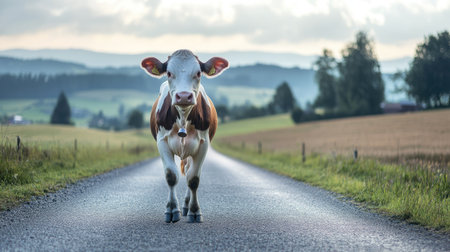 A dairy cow with a bell around its neck, walking down a country road toward the camera, accompanied by a scenic backdrop of fields, trees, and distant mountains.の素材