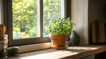 A cozy kitchen nook with a flowering herb plant in a small pot on the windowsill. The plant, a combination of basil and thyme, adds a touch of greenery to the rustic kitchen space.の素材