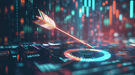 A close-up of a bright arrow soaring upward on a digital display, with futuristic data and charts in the background, aiming toward a glowing bullseye at the top.の素材
