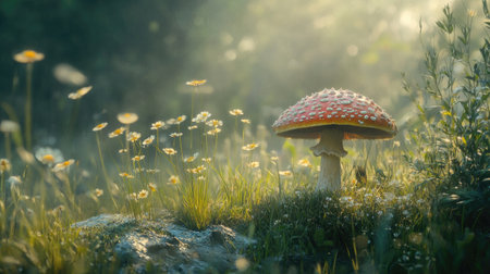 A lone mushroom growing in a sunlit meadow, surrounded by tall grass and tiny wildflowers swaying in a gentle breeze.の素材