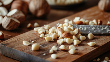 A food preparation scene with macadamia nuts being chopped on a wooden cutting board, ready to be used in baking or cooking.の素材