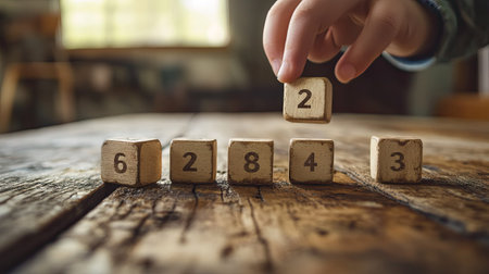 A hand placing numbered blocks in ascending order on a wooden table. The setting feels warm, with natural light streaming through a window, and the blocks have a rustic, handmade texture.の素材