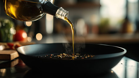 A close-up of a ceramic oil dispenser pouring a thin stream into a skillet. The kitchen in the background is modern, with spices and utensils organized for a meal in progress.の素材