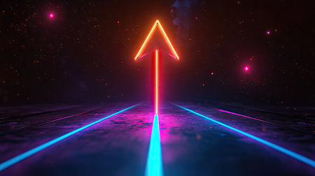A neon-colored arrow pointing upward on a dark backdrop, leading toward a distant glowing star. The image symbolizes futuristic ambition and reaching high goals.の素材