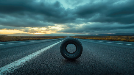 A dramatic image of a flat tire on the side of a highway, with the tire visibly deflated and resting awkwardly on the pavement. The road stretches off into the distance under a cloudy sky.の素材