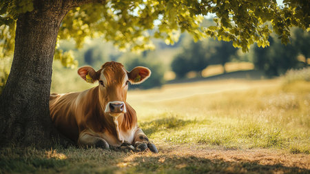 A content dairy cow lounging in the shade of a tree on a hot summer day, chewing cud with a relaxed, friendly expression. The countryside is bright and vibrant behind her.の素材