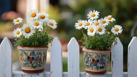 A pair of potted daisies in decorative ceramic pots, placed on a white picket fence. The flowers are in full bloom, adding charm and a splash of color to the quaint outdoor setting.の素材