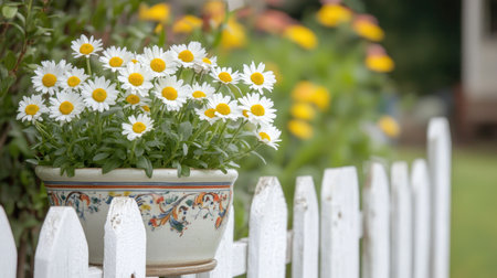 A pair of potted daisies in decorative ceramic pots, placed on a white picket fence. The flowers are in full bloom, adding charm and a splash of color to the quaint outdoor setting.の素材