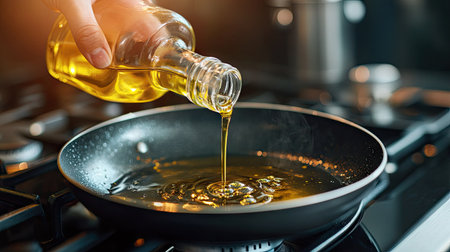 A hand pouring vegetable oil from a clear bottle into a frying pan on a stove. The oil creates small ripples as it hits the hot surface, ready for cooking. The background is a modern kitchen.の素材