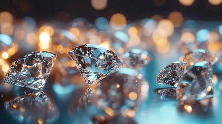 A collection of loose diamonds in various cuts and sizes, scattered on a reflective surface, each catching the light in a dazzling display.の素材