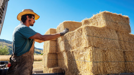 A farmworker stacking rectangular bales of straw into a truck, preparing for transport, with a clear blue sky overhead.の素材