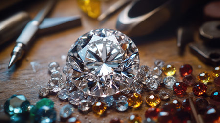A macro shot of a brilliant-cut diamond surrounded by smaller gemstones on a jewelry designers workbench, tools in the background.の素材