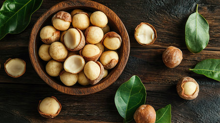 A top-down view of macadamia nuts in a wooden bowl, surrounded by leaves and a few whole nuts with their green outer husks.の素材