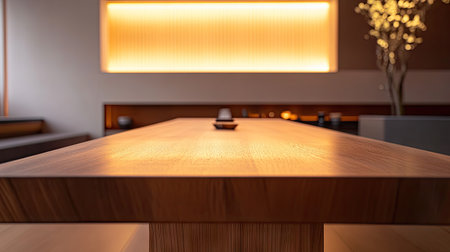 A sleek, modern dining room with a long wooden table at the center. The clean lines of the table are accentuated by the minimalist decor and soft lighting in the background.の素材