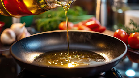 A shot of oil being poured into a non-stick pan, the light reflecting off the surface of the oil. The kitchen counter is filled with fresh ingredients, ready to be sauted.の素材