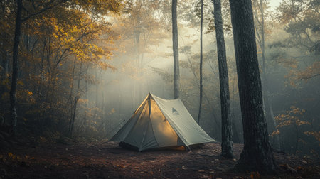 A single tent nestled between two trees, with a serene morning fog hanging in the forest and soft light piercing through.の素材
