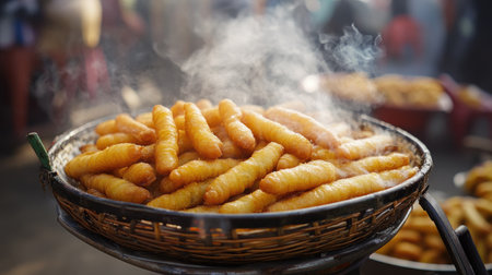 A basket of golden fried dough sticks on a street vendor's cart, ready to be served, with smoke rising from the hot oil in the background.の素材