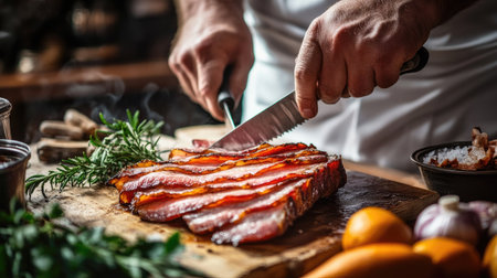 A chefs hands slicing a slab of smoked bacon on a wooden board, with a sharp knife and fresh ingredients around.の素材