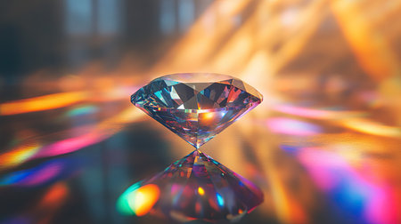 A single diamond placed on a mirrored surface, with multiple reflections of light bouncing off its edges in a prism of colors.の素材