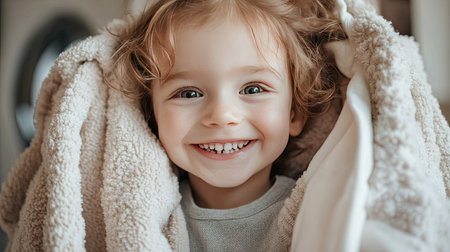 A child snuggling a fluffy, freshly washed shirt with a wide smile, capturing the softness and clean scent of the fabric.の素材
