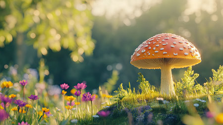 A single large mushroom standing tall in a patch of green grass, with a soft bokeh background of wildflowers and trees.の素材