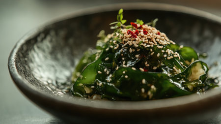 A beautifully plated Wakame seaweed salad with sesame seeds, soy sauce, and a sprinkle of chili flakes, served in a traditional Japanese dish.の素材