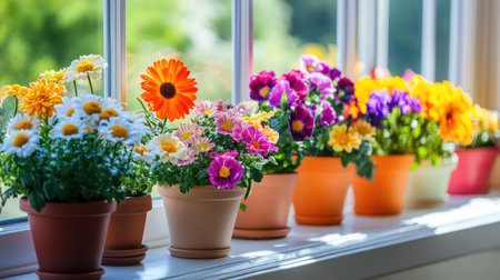 A row of neatly arranged potted flowers on a windowsill, with a variety of colorful blooms including daisies, marigolds, and petunias. The window overlooks a peaceful garden.の素材
