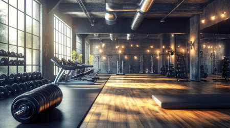 A modern gym interior with state-of-the-art weightlifting equipment neatly arranged on polished hardwood floors. Bright LED lighting illuminates the space, creating a motivating environment.の素材