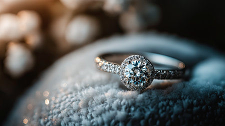 A stunning diamond engagement ring resting on a soft velvet cushion, with the diamond reflecting intricate light patterns.の素材
