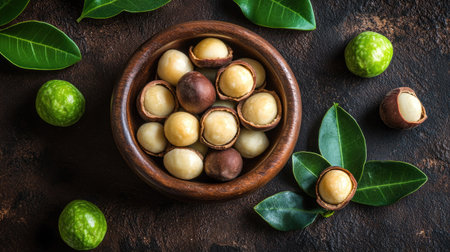 A top-down view of macadamia nuts in a wooden bowl, surrounded by leaves and a few whole nuts with their green outer husks.の素材