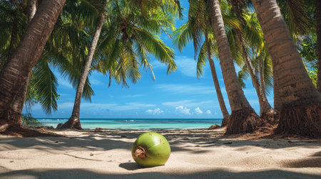 A tropical paradise with a green coconut lying in the sand, framed by tall, leaning palm trees and a vivid, blue sea in the background.の素材