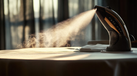 A steam iron releasing a burst of steam over a linen tablecloth. The fine mist gives the fabric a crisp, professional finish, ready for a formal dinner setting.の素材