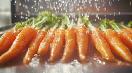 Freshly washed carrots arranged neatly on a kitchen countertop, droplets of water glistening on their surface. The kitchen is bright and modern, ready for healthy meal prep.の素材