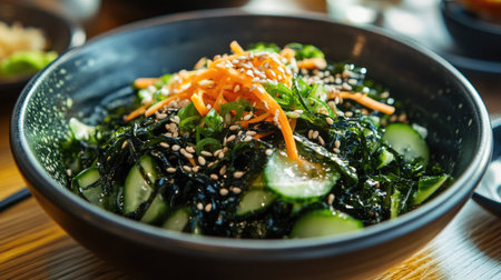 A bowl of chilled Wakame seaweed salad, garnished with shredded carrots, cucumber, and sesame seeds, served as a refreshing summer dish.の素材