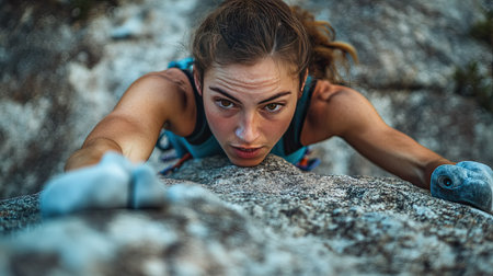 A climber tackling a boulder, making a dynamic move without ropes, with intense focus and concentration visible on their face.の素材