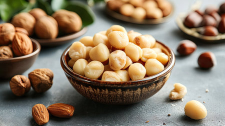 Freshly roasted macadamia nuts in a small ceramic dish, placed next to a selection of other nuts and dried fruits.の素材