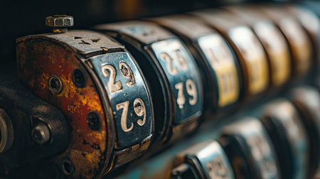 Rows of old-fashioned metallic numbers on an analog counter, flipping as the count increases, evoking nostalgia. The device is vintage, with faded colors and a slightly worn surface.の素材