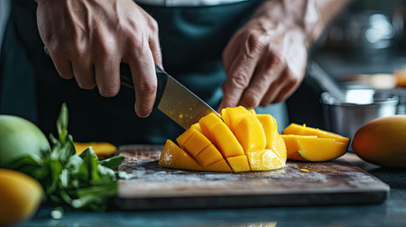 A chefs hands slicing a ripe yellow mango in a professional kitchen, with ingredients neatly arranged around.の素材
