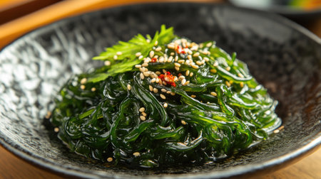 A beautifully plated Wakame seaweed salad with sesame seeds, soy sauce, and a sprinkle of chili flakes, served in a traditional Japanese dish.の素材