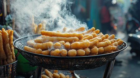 A basket of golden fried dough sticks on a street vendor's cart, ready to be served, with smoke rising from the hot oil in the background.の素材