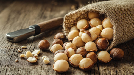 Macadamia nuts spilling out of a burlap sack onto a wooden table, with a nutcracker and cracked shells beside them.の素材