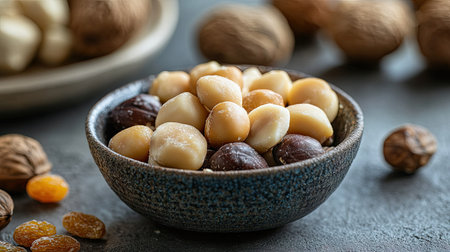 Freshly roasted macadamia nuts in a small ceramic dish, placed next to a selection of other nuts and dried fruits.の素材