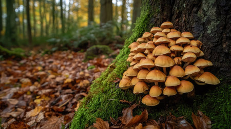 Close-up of a cluster of wild mushrooms growing at the base of a tree, surrounded by moss and fallen leaves in a dense forest.の素材