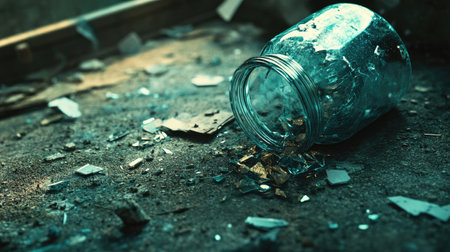 A broken glass jar lying on the ground, with its contents spilling out among the sharp fragments.の素材