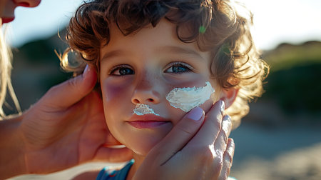 A child with soft, healthy skin getting sunscreen applied to their face by a parent, outdoors on a bright day.の素材