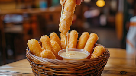 A basket of crispy, golden deep-fried dough sticks being served with sweet condensed milk as a dipping sauce on a small wooden table.の素材