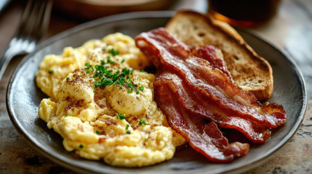 A breakfast plate featuring slices of smoked bacon next to scrambled eggs and toast, served on a rustic table.の素材