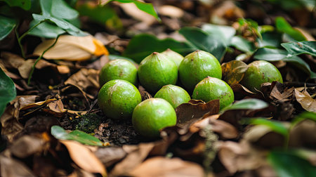 A close-up of macadamia nuts still in their green husks, freshly harvested and scattered on a forest floor surrounded by leaves.の素材