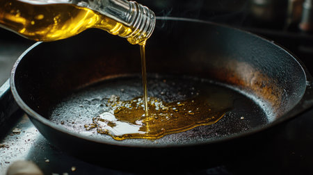A detailed view of thick olive oil being poured from a glass bottle into a cast iron pan. The dark, seasoned surface of the pan contrasts with the vibrant gold of the oil.の素材